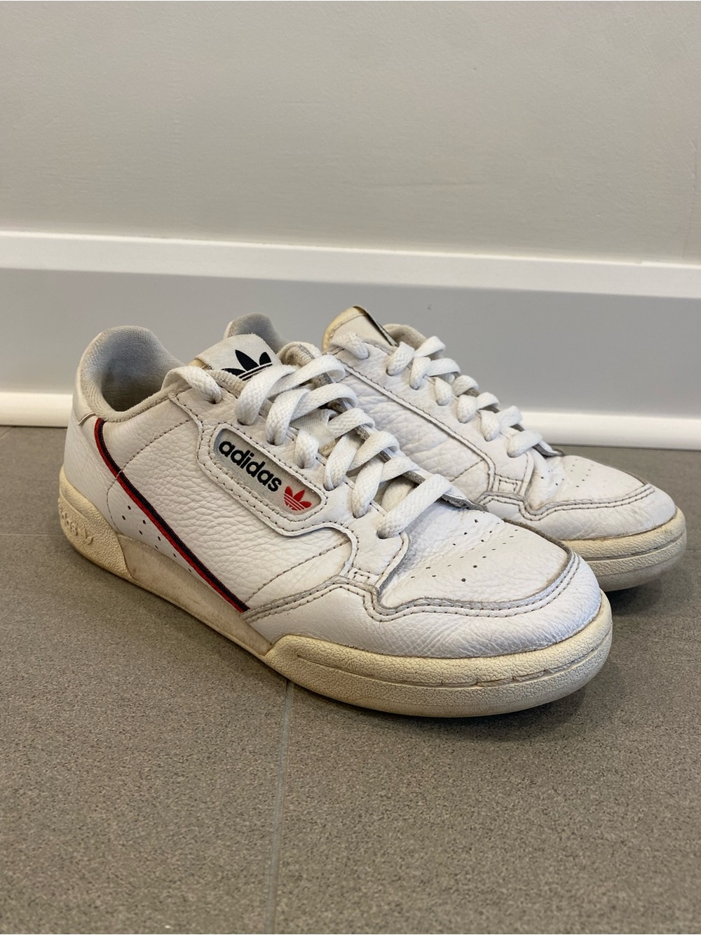 Adidas Women’s White Continental 80 Leather Sneakers Red Navy Stripe US 6.5
